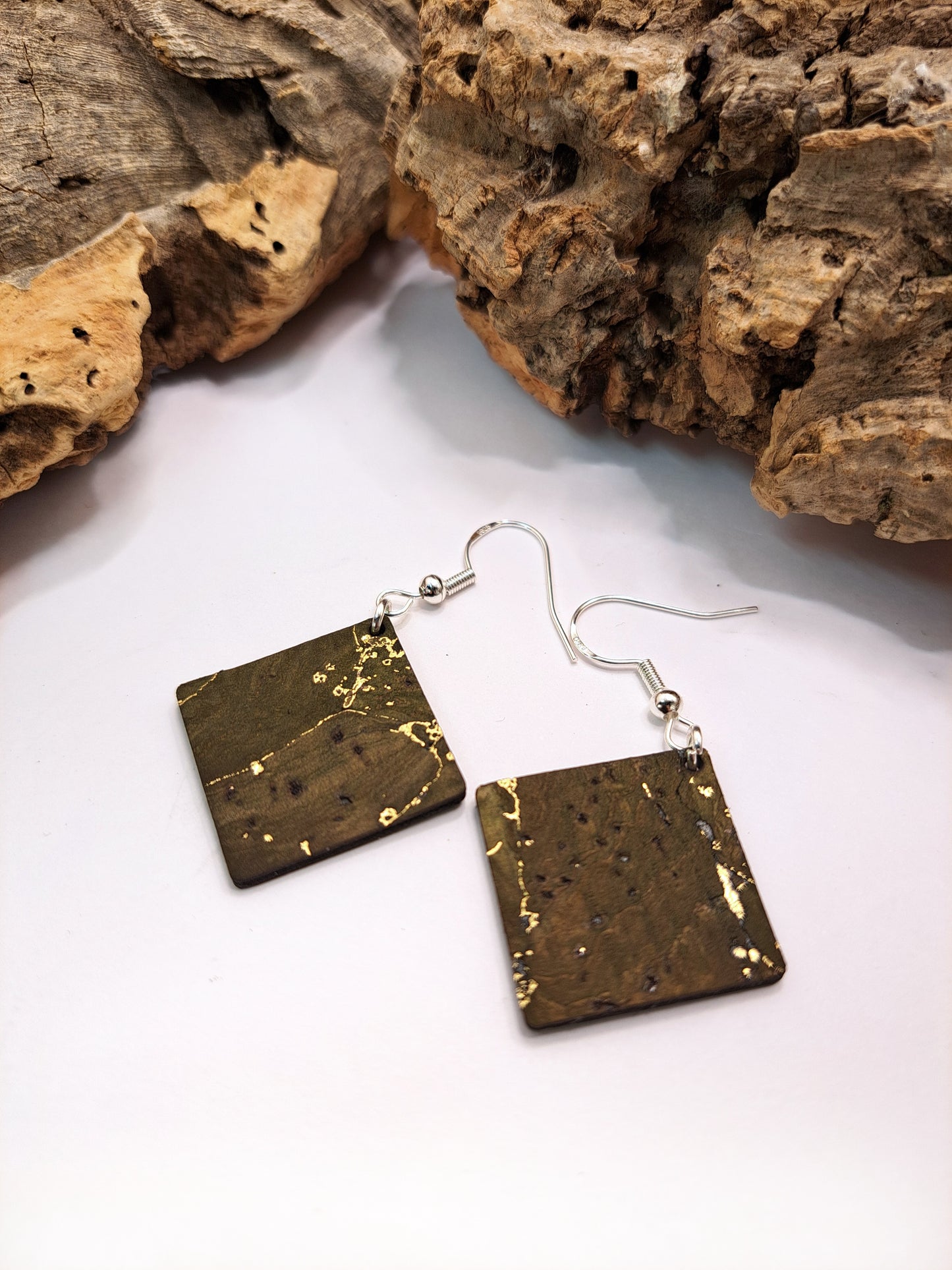 cork earrings square shape green