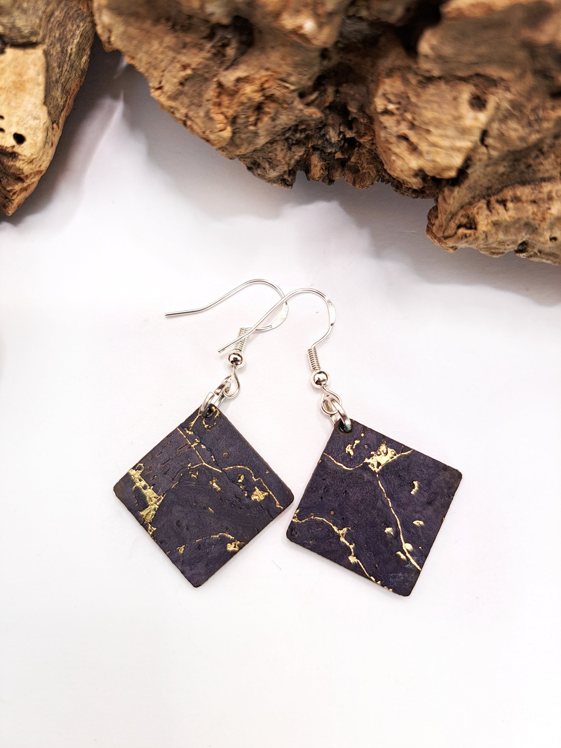 cork earrings square shape navy 