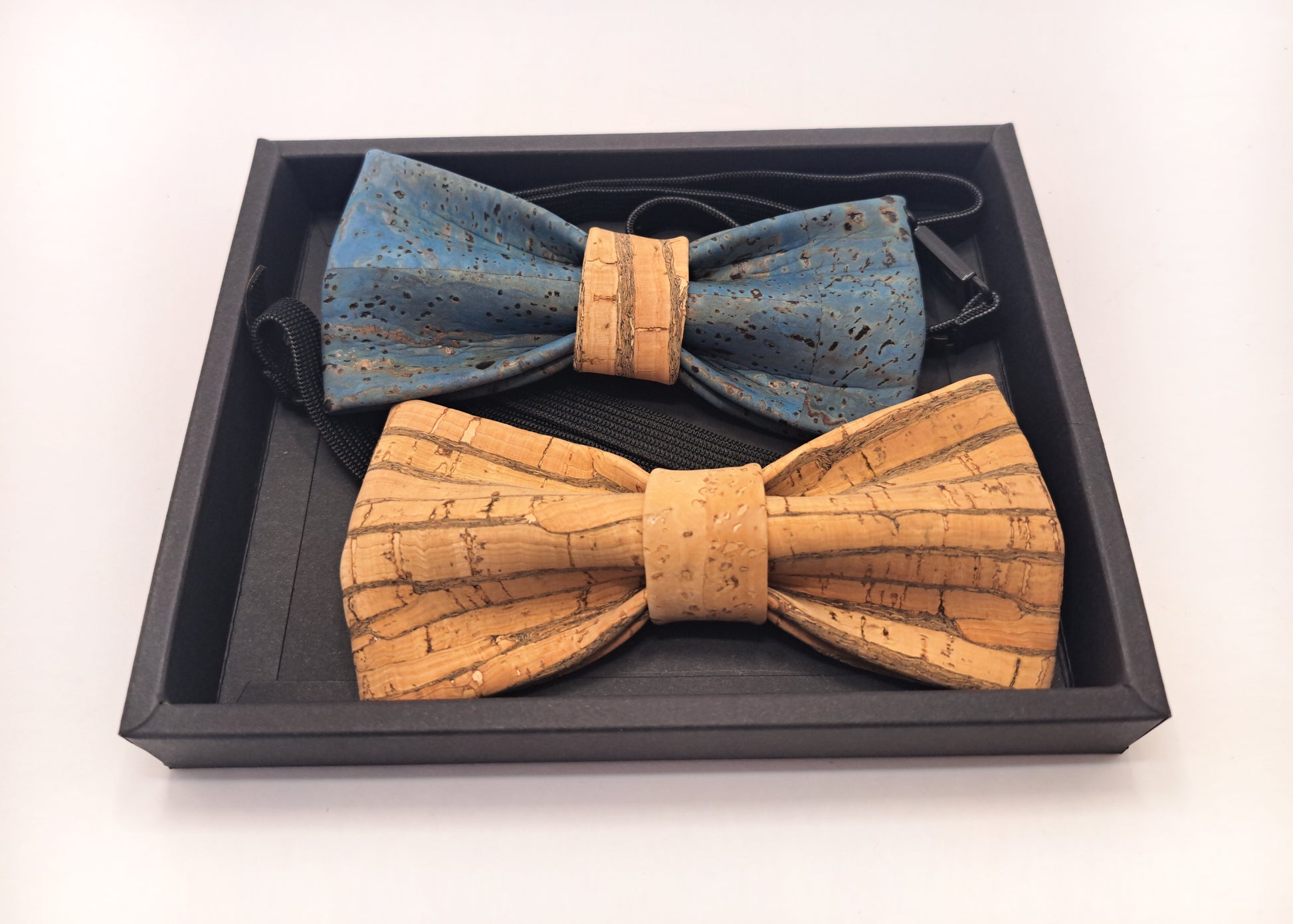 cork leather bow tie birch and blue